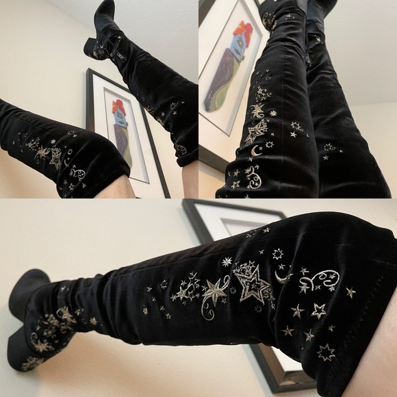 ASH Eros Black Velvet Star Over the Knee Boots - Picture 6 of 16